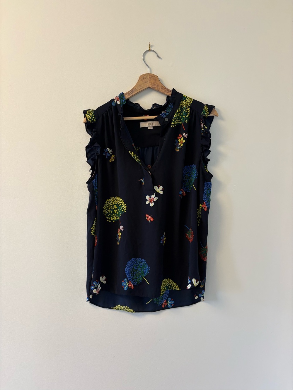 LOFT Navy Floral Ruffle-Shoulder V-Neck Camisole